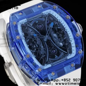 RICHARD MILLERM RM53-02 Blue Transparent Tourbillon RMF Best Edition Skeleton Dial on White Rubber Strap - Super Clone Watch | 1:1 Best Version