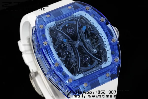 RICHARD MILLERM RM53-02 Blue Transparent Tourbillon RMF Best Edition Skeleton Dial on White Rubber Strap - Super Clone Watch | 1:1 Best Version