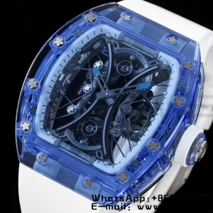 RICHARD MILLERM RM53-02 Blue Transparent Tourbillon RMF Best Edition Skeleton Dial on White Rubber Strap - Super Clone Watch | 1:1 Best Version