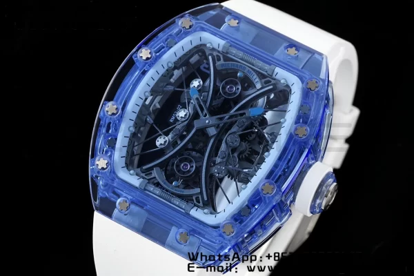 RICHARD MILLERM RM53-02 Blue Transparent Tourbillon RMF Best Edition Skeleton Dial on White Rubber Strap - Super Clone Watch | 1:1 Best Version
