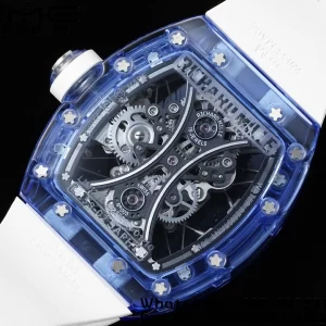 RICHARD MILLERM RM53-02 Blue Transparent Tourbillon RMF Best Edition Skeleton Dial on White Rubber Strap - Super Clone Watch | 1:1 Best Version