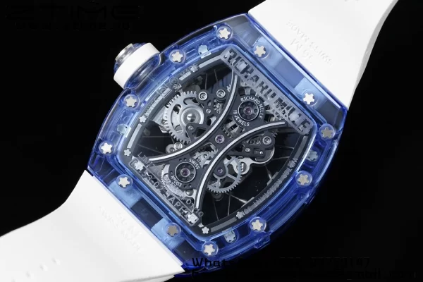 RICHARD MILLERM RM53-02 Blue Transparent Tourbillon RMF Best Edition Skeleton Dial on White Rubber Strap - Super Clone Watch | 1:1 Best Version