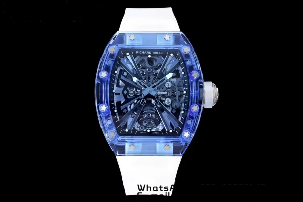 RICHARD MILLERM RM012 RM12-01 Blue Transparent Tourbillon RMF Best Edition Skeleton Dial on Transparent Rubber Strap - Super Clone Watch | 1:1 Best Version