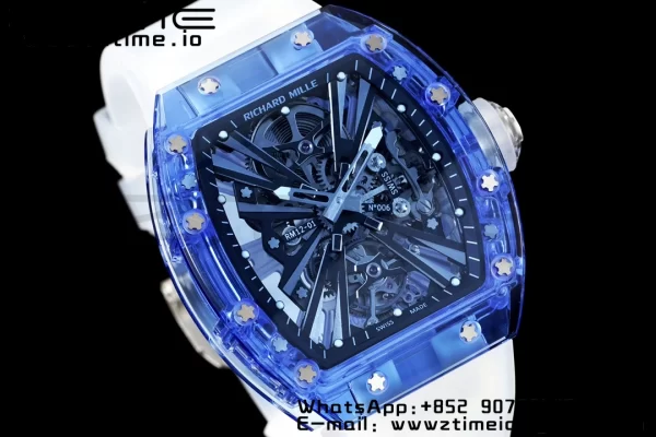 RICHARD MILLERM RM012 RM12-01 Blue Transparent Tourbillon RMF Best Edition Skeleton Dial on Transparent Rubber Strap - Super Clone Watch | 1:1 Best Version