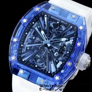 RICHARD MILLERM RM012 RM12-01 Blue Transparent Tourbillon RMF Best Edition Skeleton Dial on Transparent Rubber Strap - Super Clone Watch | 1:1 Best Version
