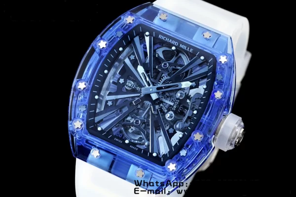 RICHARD MILLERM RM012 RM12-01 Blue Transparent Tourbillon RMF Best Edition Skeleton Dial on Transparent Rubber Strap - Super Clone Watch | 1:1 Best Version