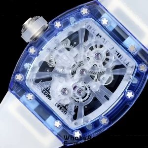 RICHARD MILLERM RM012 RM12-01 Blue Transparent Tourbillon RMF Best Edition Skeleton Dial on Transparent Rubber Strap - Super Clone Watch | 1:1 Best Version