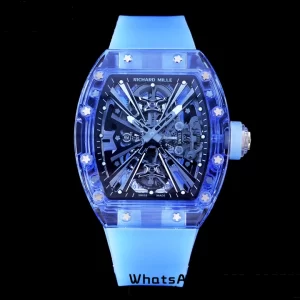 RICHARD MILLERM RM012 RM12-01 Blue Transparent Tourbillon RMF Best Edition Skeleton Dial on Blue Rubber Strap - Super Clone Watch | 1:1 Best Version