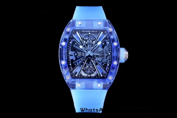 RICHARD MILLERM RM012 RM12-01 Blue Transparent Tourbillon RMF Best Edition Skeleton Dial on Blue Rubber Strap - Super Clone Watch | 1:1 Best Version