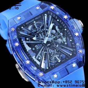 RICHARD MILLERM RM012 RM12-01 Blue Transparent Tourbillon RMF Best Edition Skeleton Dial on Blue Rubber Strap - Super Clone Watch | 1:1 Best Version