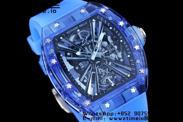 RICHARD MILLERM RM012 RM12-01 Blue Transparent Tourbillon RMF Best Edition Skeleton Dial on Blue Rubber Strap - Super Clone Watch | 1:1 Best Version
