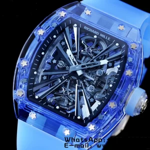 RICHARD MILLERM RM012 RM12-01 Blue Transparent Tourbillon RMF Best Edition Skeleton Dial on Blue Rubber Strap - Super Clone Watch | 1:1 Best Version