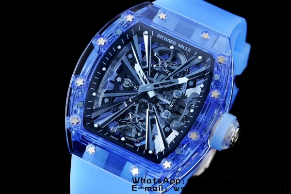 RICHARD MILLERM RM012 RM12-01 Blue Transparent Tourbillon RMF Best Edition Skeleton Dial on Blue Rubber Strap - Super Clone Watch | 1:1 Best Version