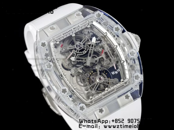 RICHARD MILLERM RM56-01 Tourbillon Transparente RMF Mejor Edición Esfera Esqueleto con Correa de Caucho Blanca - Reloj Super Clon | 1:1 Mejor Versión