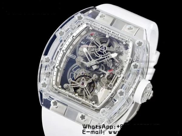 RICHARD MILLERM RM56-01 Tourbillon Transparente RMF Mejor Edición Esfera Esqueleto con Correa de Caucho Blanca - Reloj Super Clon | 1:1 Mejor Versión
