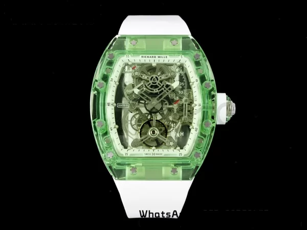 RICHARD MILLERM RM56-01 Green Transparent Tourbillon RMF Best Edition Skeleton Dial pe curea de cauciuc alb - Super Clone Watch | 1:1 Best Version