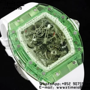 RICHARD MILLERM RM56-01 Green Transparent Tourbillon RMF Best Edition Skeleton Dial pe curea de cauciuc alb - Super Clone Watch | 1:1 Best Version