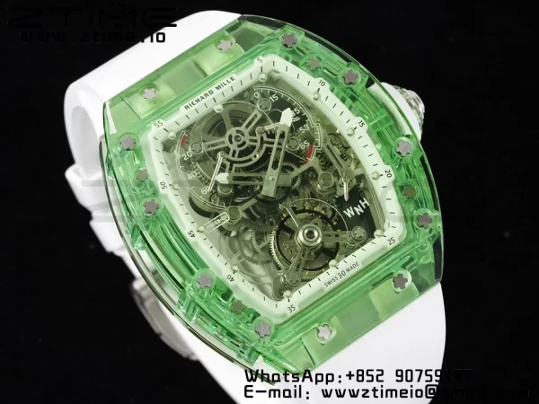 RICHARD MILLERM RM56-01 Green Transparent Tourbillon RMF Best Edition Skeleton Dial pe curea de cauciuc alb - Super Clone Watch | 1:1 Best Version
