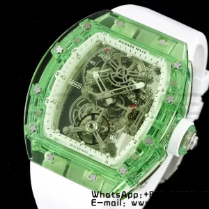 RICHARD MILLERM RM56-01 Green Transparent Tourbillon RMF Best Edition Skeleton Dial pe curea de cauciuc alb - Super Clone Watch | 1:1 Best Version