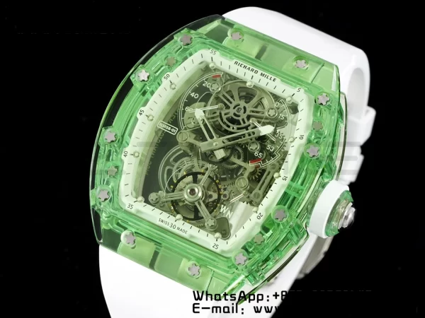 RICHARD MILLERM RM56-01 Green Transparent Tourbillon RMF Best Edition Skeleton Dial pe curea de cauciuc alb - Super Clone Watch | 1:1 Best Version