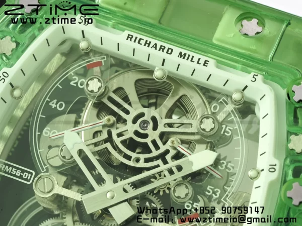 RICHARD MILLERM RM56-01 Green Transparent Tourbillon RMF Best Edition Skeleton Dial pe curea de cauciuc alb - Super Clone Watch | 1:1 Best Version