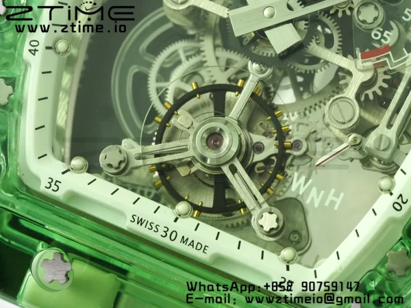 RICHARD MILLERM RM56-01 Green Transparent Tourbillon RMF Best Edition Skeleton Dial pe curea de cauciuc alb - Super Clone Watch | 1:1 Best Version