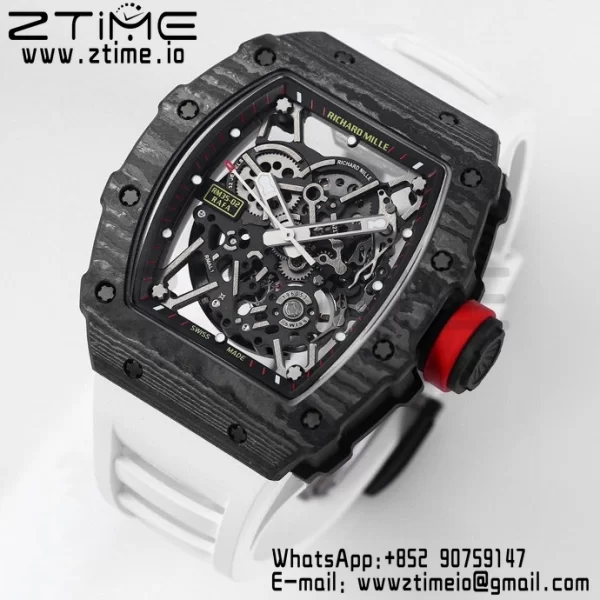 RICHARD MILLE RM035 RM35-02 Black Carbon BBR Factory Best Edition Skeleton Dial on White Rubber Strap Clone RMUL2 - Super Clone Watch | 1:1 Best Version