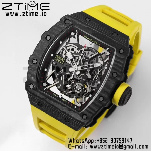 RICHARD MILLE RM035 RM35-02 Black Carbon BBR Factory Best Edition Skeleton Dial on Yellow Rubber Strap Clone RMUL2 - Super Clone Watch | 1:1 Best Version