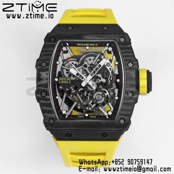 RICHARD MILLE RM035 RM35-02 Black Carbon BBR Factory Best Edition Skeleton Dial on Yellow Rubber Strap Clone RMUL2 - Super Clone Watch | 1:1 Best Version