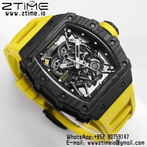 RICHARD MILLE RM035 RM35-02 Black Carbon BBR Factory Best Edition Skeleton Dial on Yellow Rubber Strap Clone RMUL2 - Super Clone Watch | 1:1 Best Version