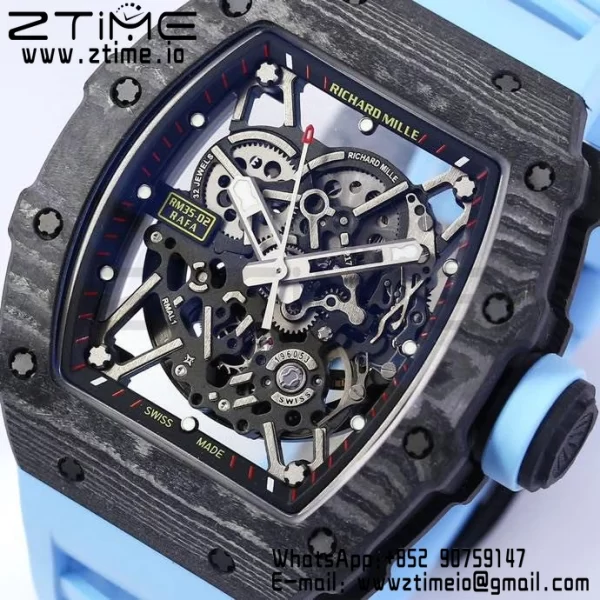 RICHARD MILLE RM035 RM35-02 Black Carbon BBR Factory Best Edition Skeleton Dial on Blue Rubber Strap Clone RMUL2 - Super Clone Watch | 1:1 Best Version