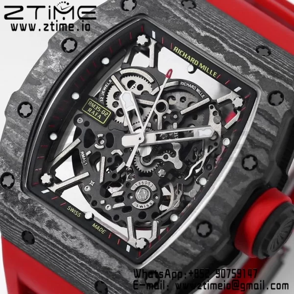 RICHARD MILLE RM035 RM35-02 Black Carbon BBR Factory Best Edition Skeleton Dial on Red Rubber Strap Clone RMUL2 - Super Clone Watch | 1:1 Best Version