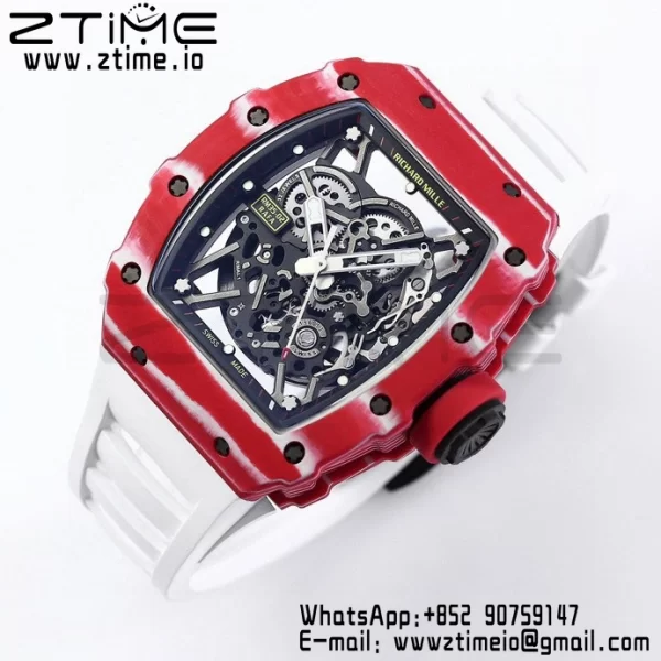 RICHARD MILLE RM035 RM35-02 レッドカーボンBBRファクトリーベストエディション スケルトンダイヤル ホワイトラバーストラップ クローンRMUL2 - スーパークローンウォッチ｜1:1ベストバージョン