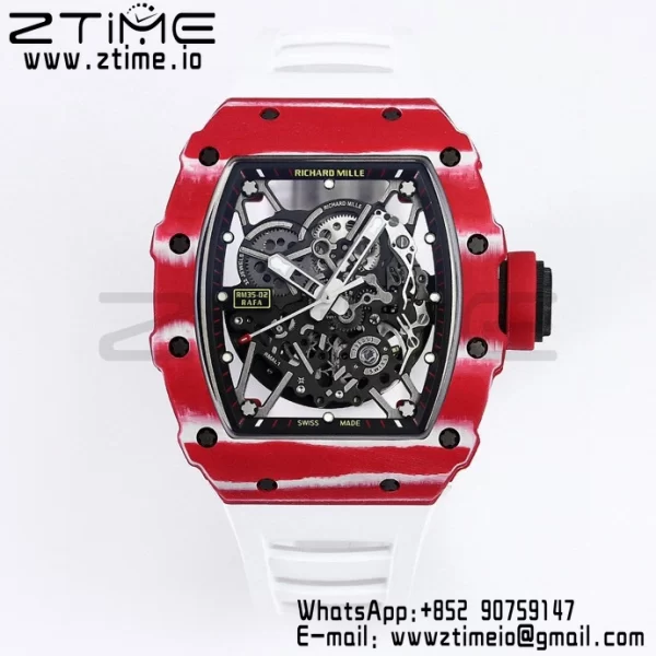 RICHARD MILLE RM035 RM35-02 レッドカーボンBBRファクトリーベストエディション スケルトンダイヤル ホワイトラバーストラップ クローンRMUL2 - スーパークローンウォッチ｜1:1ベストバージョン