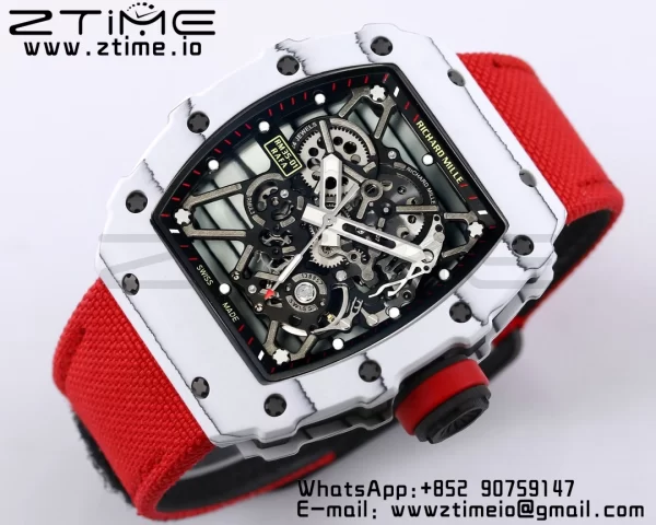 RICHARD MILLE RM035 RM35-01 White Carbon BBR Best Edition Skeleton Dial on Red Nylon Strap Clone RMUL3 - Super Clone Watch | 1:1 Best Version