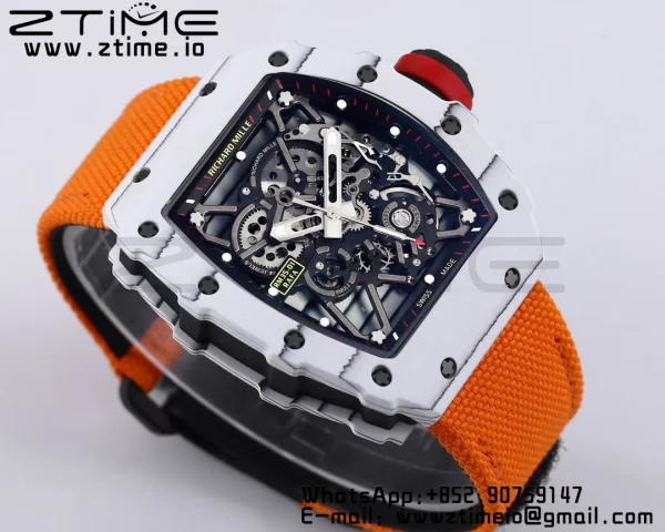 RICHARD MILLE RM035 RM35-01 White Carbon BBR Best Edition Skeleton Dial on Orange Nylon Strap Clone RMUL3 - Super Clone Watch | 1:1 Best Version