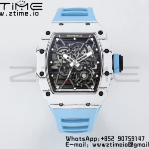 RICHARD MILLE RM035 RM35-01 White Carbon BBR Best Edition Skeleton Dial on Blue Rubber Strap Clone RMUL3 - Super Clone Watch | 1:1 Best Version
