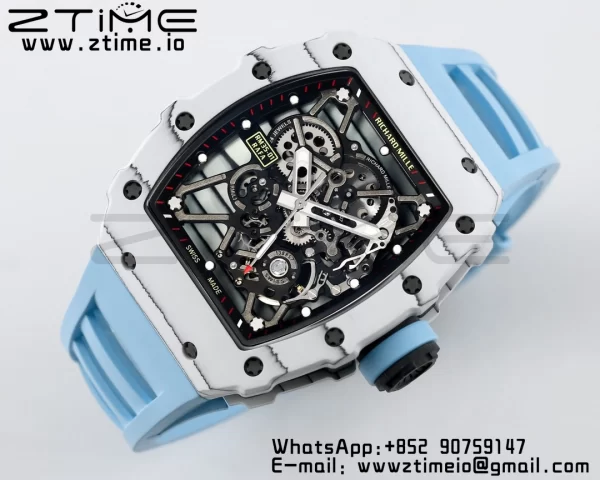 RICHARD MILLE RM035 RM35-01 White Carbon BBR Best Edition Skeleton Dial on Blue Rubber Strap Clone RMUL3 - Super Clone Watch | 1:1 Best Version