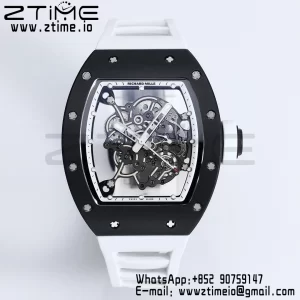 RICHARD MILLE RM055 BlackCeramic BBR Factory Best Edition Skeleton Black Dial Blue Inside Frame on White Strap Clone RMUL2 V3 - Super Clone Watch | 1:1 Best Version
