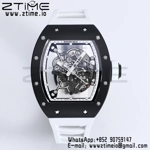 RICHARD MILLE RM055 BlackCeramic BBR Factory Best Edition Skeleton Black Dial Blue Inside Frame on White Strap Clone RMUL2 V3 - Super Clone Watch | 1:1 Best Version