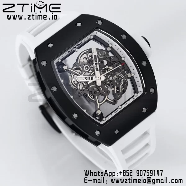 RICHARD MILLE RM055 BlackCeramic BBR Factory Best Edition Skeleton Black Dial Blue Inside Frame on White Strap Clone RMUL2 V3 - Super Clone Watch | 1:1 Best Version