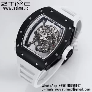 RICHARD MILLE RM055 BlackCeramic BBR Factory Best Edition Skeleton Black Dial Blue Inside Frame on White Strap Clone RMUL2 V3 - Super Clone Watch | 1:1 Best Version