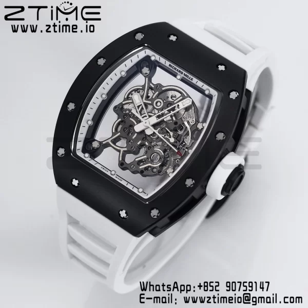 RICHARD MILLE RM055 BlackCeramic BBR Factory Best Edition Skeleton Black Dial Blue Inside Frame on White Strap Clone RMUL2 V3 - Super Clone Watch | 1:1 Best Version