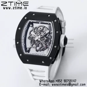 RICHARD MILLE RM055 BlackCeramic BBR Factory Best Edition Skeleton Black Dial Blue Inside Frame on White Strap Clone RMUL2 V3 - Super Clone Watch | 1:1 Best Version