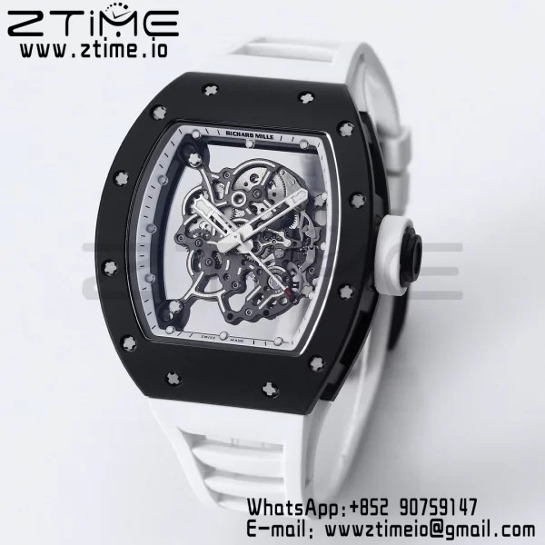 RICHARD MILLE RM055 BlackCeramic BBR Factory Best Edition Skeleton Black Dial Blue Inside Frame on White Strap Clone RMUL2 V3 - Super Clone Watch | 1:1 Best Version