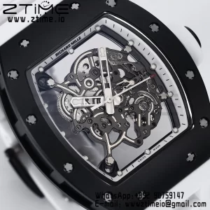 RICHARD MILLE RM055 BlackCeramic BBR Factory Best Edition Skeleton Black Dial Blue Inside Frame on White Strap Clone RMUL2 V3 - Super Clone Watch | 1:1 Best Version