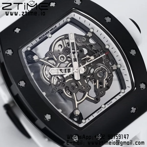 RICHARD MILLE RM055 BlackCeramic BBR Factory Best Edition Skeleton Black Dial Blue Inside Frame on White Strap Clone RMUL2 V3 - Super Clone Watch | 1:1 Best Version