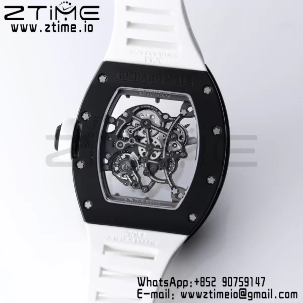 RICHARD MILLE RM055 BlackCeramic BBR Factory Best Edition Skeleton Black Dial Blue Inside Frame on White Strap Clone RMUL2 V3 - Super Clone Watch | 1:1 Best Version