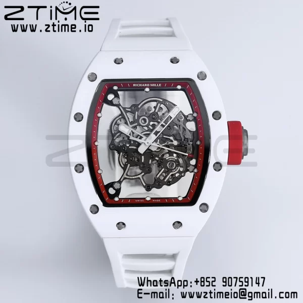 RICHARD MILLE RM055 White Ceramic BBR Factory Best Edition Skeleton Black Dial Blue Inside Frame on White Rubber Strap Clone RMUL2 V3 - Super Clone Watch | 1:1 Best Version