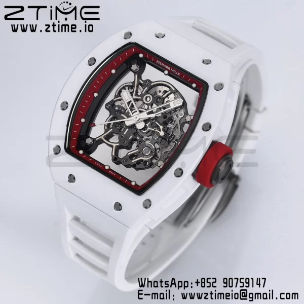 RICHARD MILLE RM055 White Ceramic BBR Factory Best Edition Skeleton Black Dial Blue Inside Frame on White Rubber Strap Clone RMUL2 V3 - Super Clone Watch | 1:1 Best Version
